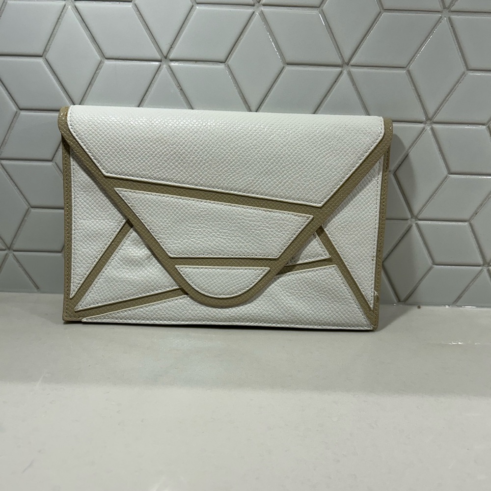 White and Tan BCBG Envelope Clutch